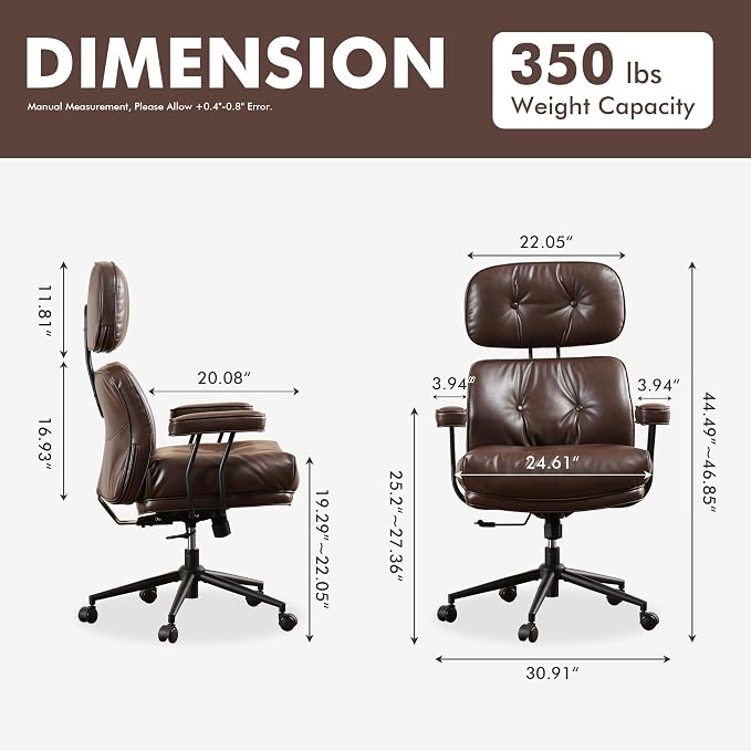 High Back Executive Office Chair with Comfortable Deep Seat,Brown PU Leather Modern Office Chair,Ergonomic Big and Tall Computer Desk Chair with Lumbar Support(Dark Brown)