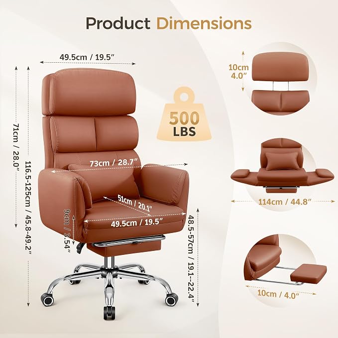 Big and Tall Office Chair 500LBS, Ergonomic High Back Leather Executive Chair, Reclining Swivel with Adjustable Armrests Lumbar Support Footrest, Cross Legged, Brown