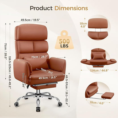 Big and Tall Office Chair 500LBS, Ergonomic High Back Leather Executive Chair, Reclining Swivel with Adjustable Armrests Lumbar Support Footrest, Cross Legged, Brown