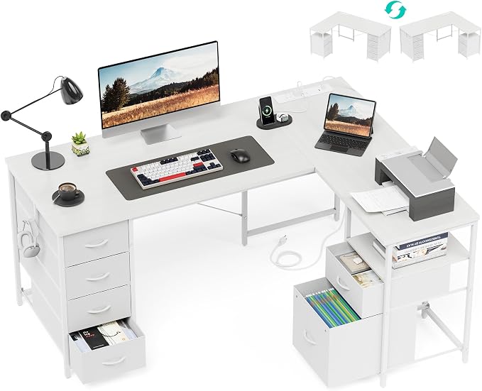 YOUDENOVA 55 Inch L Shaped Desk with Power Outlets & Type-C Port, Reversible Corner Computer Desk with 6 Drawers & File Cabinet, Large Workstation for Home Office, Gaming, Study, White