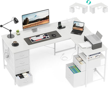YOUDENOVA 55 Inch L Shaped Desk with Power Outlets & Type-C Port, Reversible Corner Computer Desk with 6 Drawers & File Cabinet, Large Workstation for Home Office, Gaming, Study, White