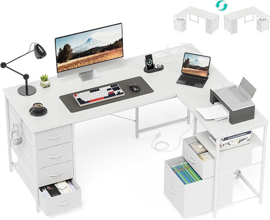YOUDENOVA 55 Inch L Shaped Desk with Power Outlets & Type-C Port, Reversible Corner Computer Desk with 6 Drawers & File Cabinet, Large Workstation for Home Office, Gaming, Study, White