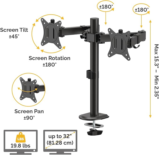 Fellowes Everyday Adjustable Dual Monitor Arm – Holds Two Screens up to 32" (inch) Weighing 19.84 lbs Each, Tilt, Swivel, Rotate, VESA 75/100, Clamp or Grommet Mount, Cable Management