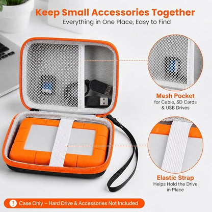 Case Compatible with LaCie Rugged Mini 1TB/ 2TB/ 4TB/ 5TB External Hard Drive Portable HDD, Storage Holder for Hard Drives for Mac and PC Computer & USB 3.0 2.0 Cable SD Cards (Orange)