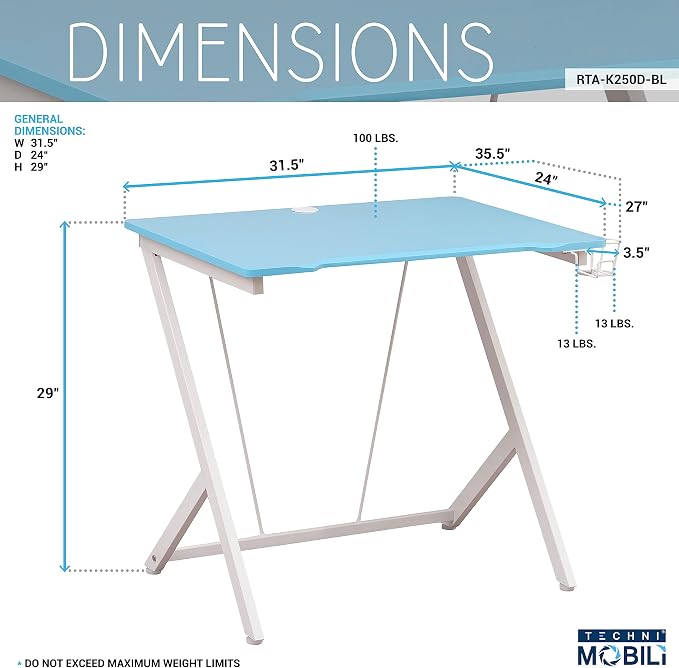 32" W Small Gaming Desk with Cup and Headphone or Backpack Holder, Kids Desk for Bedroom and Cable Management, Blue