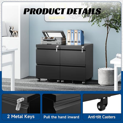 Fesbos 2 Drawers Vertical File Cabinet - Fully Assembled Black Under Desk Mobile Filling Cabinet Small Lockable Home Office File Cabinets for A4/Letter/Legal Size