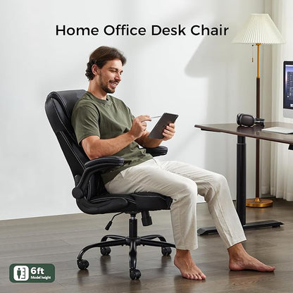 amseatec Office Chair, Executive PU Leather Chair, Ergonomic Computer Desk Chair with Lumbar Support and Adjustable Flip-Up Arms, Rocking Task Chair, Black