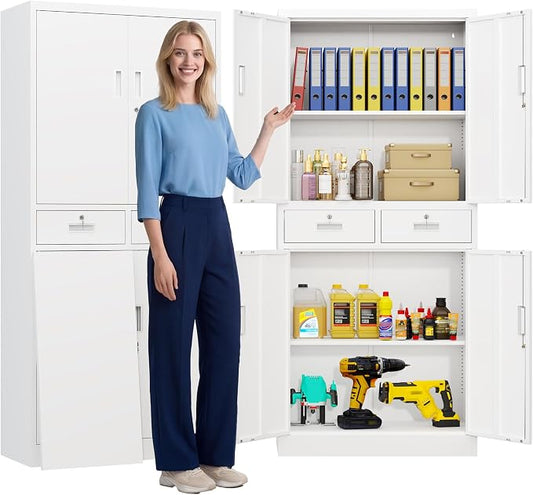CJF Metal Storage Cabinet with Adjustable Shelves and Drawers, 71" H Locking Pantry Storage Cabinet for Office, Garage, Home, School, Utility (White)