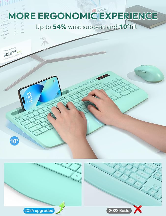 SABLUTE Wireless Keyboard and Mouse, Wrist Rest, Phone Holder, Battery Powered, 2.4G Lag-Free Ergonomic Keyboards Mouse Combo, KM23D Silent Keyboards Set for PC, Laptop, PC, Windows, Mint Green