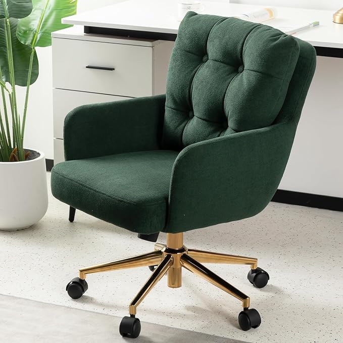 Flannel Office Chair, Comfy Home Office Desk Chairs with Lumbar Support, Modern Plush Fabric Desk Chair Gold Legs Swivel Task Chair for Home Office, Bedroom, Study, Green Upgraded Version
