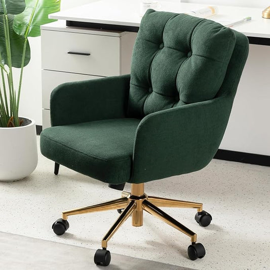 Flannel Office Chair, Comfy Home Office Desk Chairs with Lumbar Support, Modern Plush Fabric Desk Chair Gold Legs Swivel Task Chair for Home Office, Bedroom, Study, Green Upgraded Version