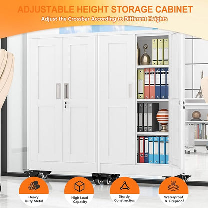 pozdeg 45.6" Metal Garage Storage Cabinets with Wheels, Lockable Rolling File Cabinets with 2 Doors and 3 Adjustable Shelves, Steel Tool Organizer Locker for Office Home Garage Gym School, White