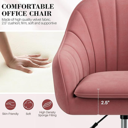 Vanity Chair with Wheels, Comfy Home Office Desk Chairs Adjustable Modern Velvet Makeup Vanity Chairs for Bedroom Living Room-Dusty Rose