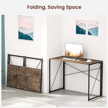 Garden Elements Modern Small Folding Computer Desk, Portable, Space-Saving Home Office Desk with Sturdy Metal Frame, Brown, 39"