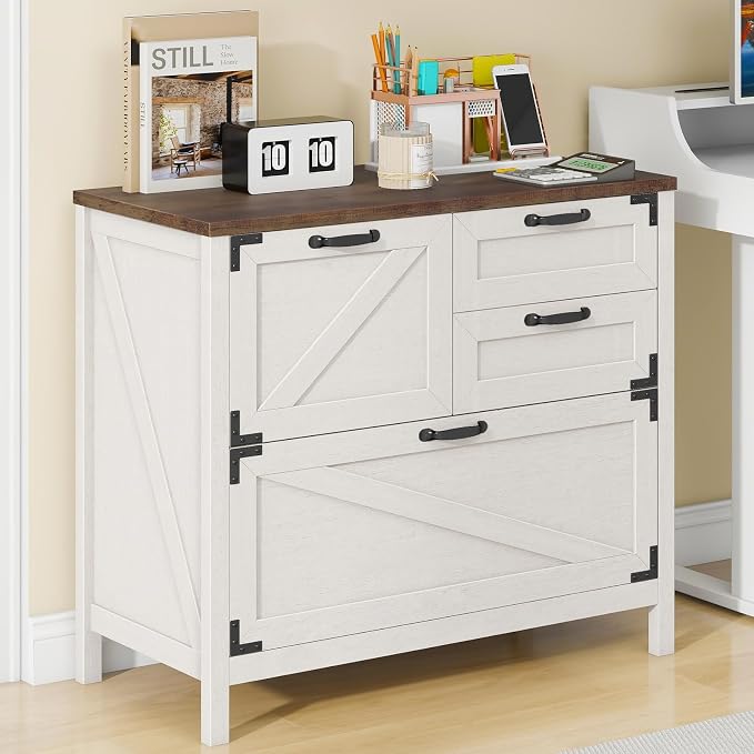 Halitaa Lateral File Cabinet with 4 Drawers Farmhouse File Cabinet for Letter/Legal/A4 Size Hanging Files, Large Wood File Storage Cabinets Printer Stand for Home Office Cabinet, Rustic White