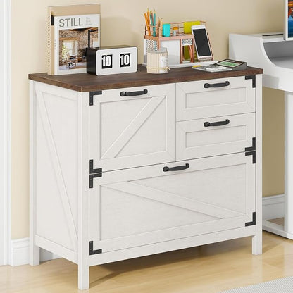 Halitaa Lateral File Cabinet with 4 Drawers Farmhouse File Cabinet for Letter/Legal/A4 Size Hanging Files, Large Wood File Storage Cabinets Printer Stand for Home Office Cabinet, Rustic White