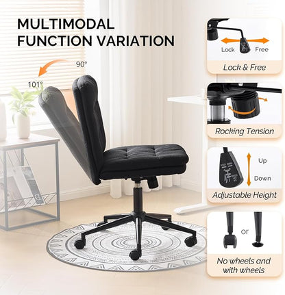 VINGLI Mid Back Armless Office Desk Chair with Wheels/no Wheels,360°Rocking Swivel Vanity Chair with Thickened Cushion,Adjustable Height Rolling for Reading Room, Make up, Linen Black