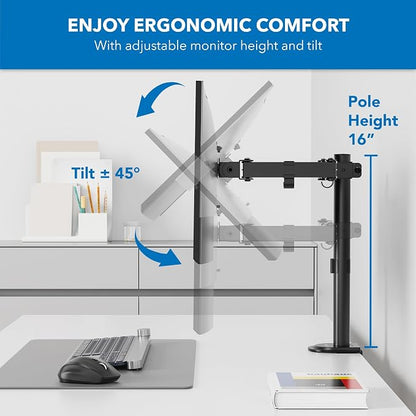 Mount-It! Single Monitor Arm Desk Mount for 17-32 Inch Screens, Holds up to 19.8 lbs, Height Adjustable Full Motion Stand, Steel, Clamp and Grommet Base, VESA 75x75 100x100, Cable Management, Black