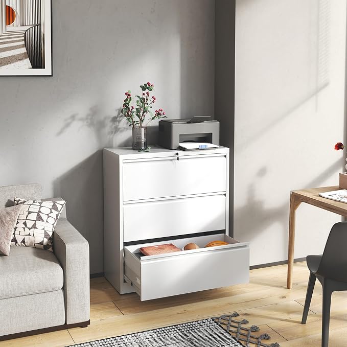 3 Drawer File Cabinet,Metal Lateral Filing Cabinet with Lock,Home Office Storage Organizer Cabinet for Legal/Letter/A4/F4 Size Files,35.5" W,White