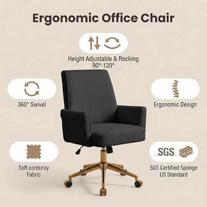Stripes Velvet Home Office Desk Chair, Accent Upholstered Modern Height Adjustable Swivel Chair with Wheels,Ergonomic Task Chair for Living Room,Bedroom,Vanity,Study,Office（Black）