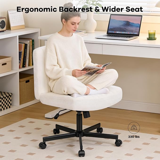 Convertible Base Criss Cross Office Chair with Pocket Springs & Thicker and Wider Cushions, Armless Criss Cross Chair Relieves Back Pain, Swivel Vanity Chair for Living Room/Office, White