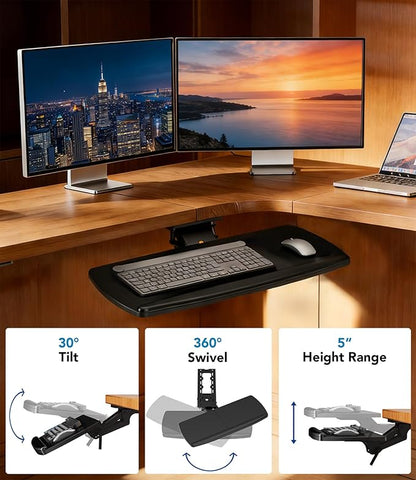 AX WABER Keyboard Tray Under Desk with Storage Drawer, Height Adjustable Keyboard Tray Slide Out 360° Swivel Tilt, Ergonomic Under Desk Mount Keyboard & Mouse Holder for Gaming Home Office, Black
