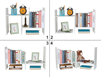 PAG Adjustable Desktop Shelf Wood Small Bookshelf Desk Supplies Organizers and Accessories Storage Display Rack Office Decor, White