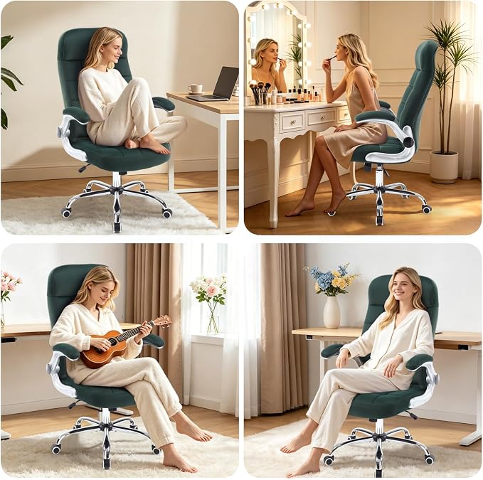 High Back Fabric Comfy Office Chair, Velvet Executive Desk Chair with Flip-Up Arms, Ergonomic Office Chairs with Lumbar Support, Upholstered Home Computer Swivel Chair with Wheels(Green)