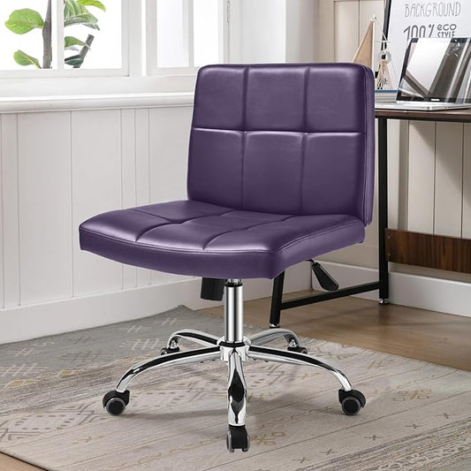 360° Office Desk Chair,PU Adjustable Rolling Task Chair with Backrest for Barber,Office,Home, Computer,360° Swivel,Armless (Widened Purple)