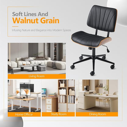 VINGLI Wide Curved Seat&Back Armless Home Office Chair,Ergoromic Adjustable-Height Desk Chair,Swivel&Tilting Function,Stylish Walnut Task Chair for Meeing Room,Dining Room,PU, Black