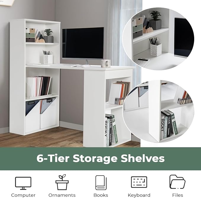 LDAILY Computer Desk with Bookshelf, 48” Modern Office Desk w/ 6-Tier Storage Shelves, CPU Stand, Wider Base, 3-in-1 Reversible Study Table, Writing Desk for Home Office, Bedroom, Study Room (White)