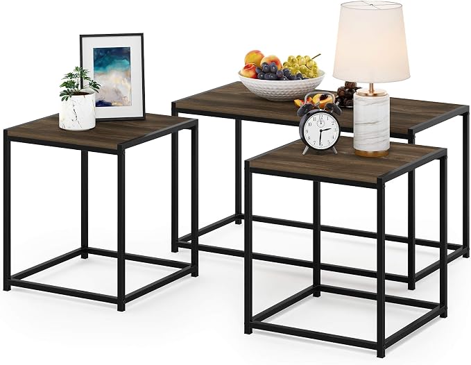 Furinno Camus Modern Living Room Coffee Table with 2 End Tables Set, Columbia Walnut