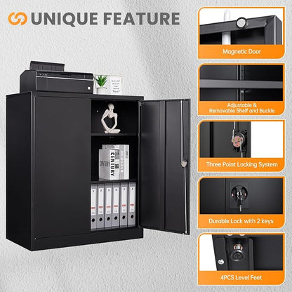 Metal Storage Cabinet, 35.4'' Tall Small Storage Cabinet with Doors and Shelves, Locking Cabinet for Home Office, Garage, Utility Room, Warehouse, Black