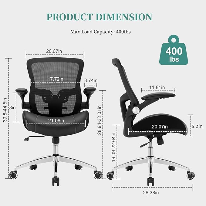 Big and Tall Office Chair 400lbs, Heavy Duty Computer Desk Chair with Wide 3D Modeling Foam Seat, Ergonomic Executive Office Chair for Heavy People with Adjustable Lumbar Support Armrests Metal Base