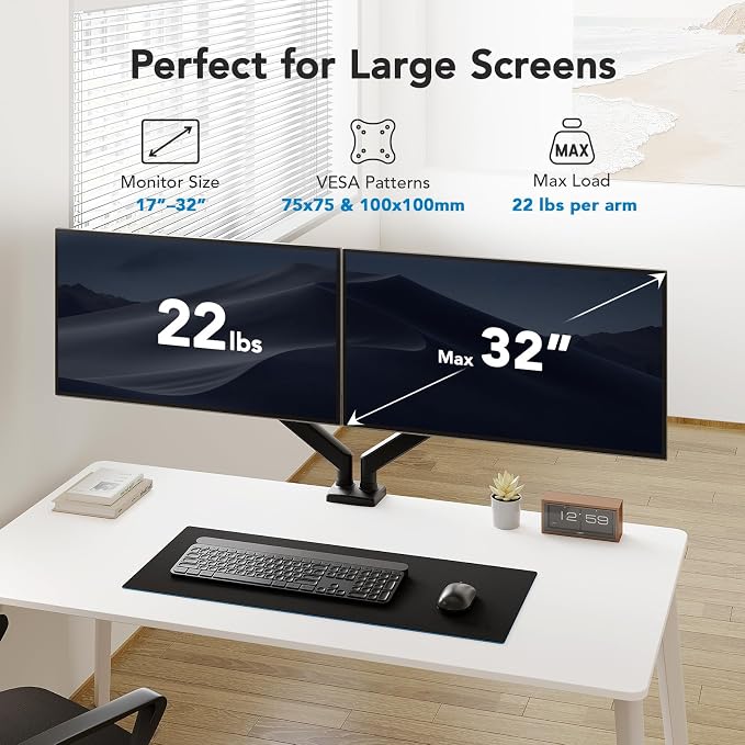 HUANUO Dual Monitor Mount for 2 Monitors up to 32 inches, Each Arm Holds Max 22lbs, Dual Monitor Stand with Advanced System, Height-Adjustable/Tilt/Swivel/Rotate, VESA Standard 75mm or 100mm