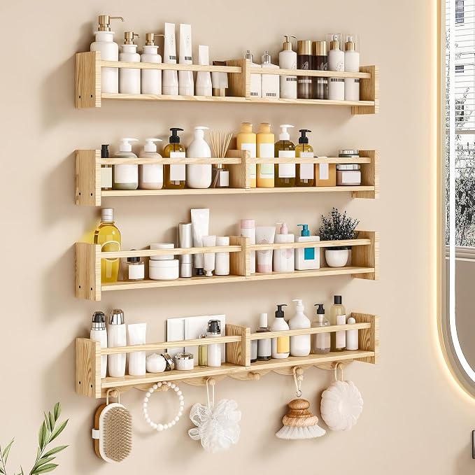 34Inch Nursery Bookshelves,Set of 4,Wall Floating Shelf Kids Coat Rack with 6Hooks,Hanging Book Shelf for Baby Nursery Room Décor， Patent Number: 29958098(Burlywood, 34)