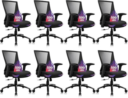 CLATINA Big and Tall Office Chair Heavy Duty Ergonomic Desk Chair 500lbs with Flip-up Arms & Wide Thick Seat Cushion Home Executive Swivel Mesh Chair for Study, Conference, Black, 8 PK