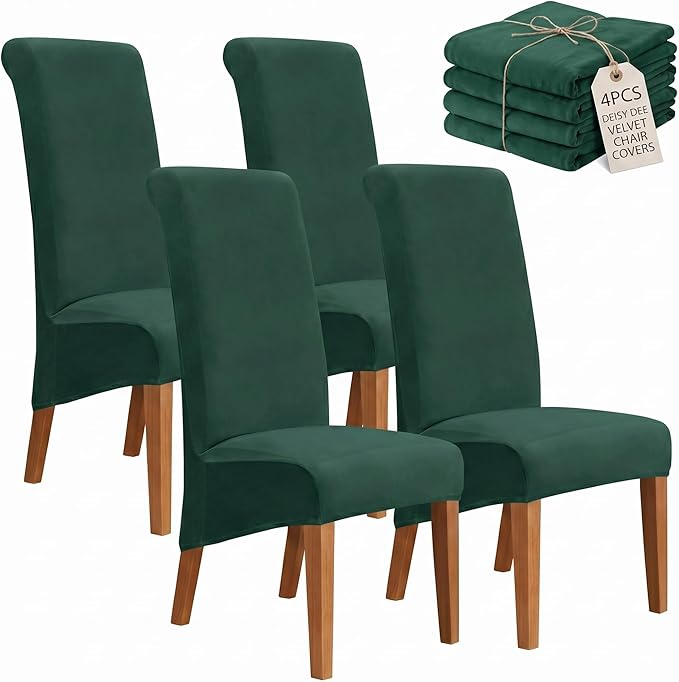 Deisy Dee Stretch XL/Oversized Extra Large Velvet Dining Room Chair Covers for Kitchen Dining，Removable Washable Chair Protectors Slipcovers (Kelly, 4)