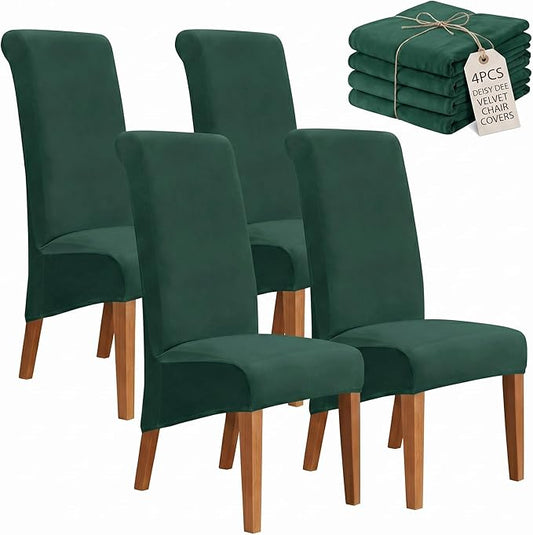 Deisy Dee Stretch XL/Oversized Extra Large Velvet Dining Room Chair Covers for Kitchen Dining，Removable Washable Chair Protectors Slipcovers (Kelly, 4)