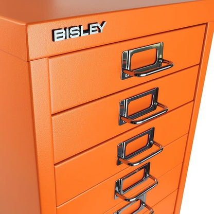 10-Drawer Steel MultiDrawer Cabinet - Orange, by Bisley | Chrome Pull Handles with Label Holders, Powder-Coated Steel, Removable Drawers, Fits Under Most Desks, Labels Included