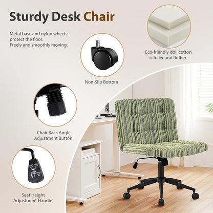Furnimart 360° Swivel Criss Cross Desk Chair Extra-Thick Cushion, Premium Chenille Cross Legged Chair with Wide Seat & Wheels, Comfy Armless Home Office Chair for Bedroom, Vanity, Sturdy (Green)