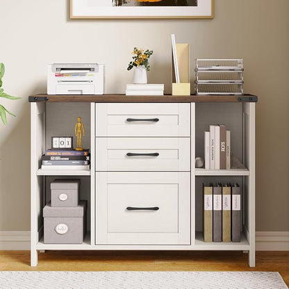 Halitaa 3 Drawer File Cabinet, Farmhouse Lateral Filing Cabinet Fits File Letter or A4 Size, Wooden Printer Stand with Open Storage Adjustable Shelf for Home Office, White