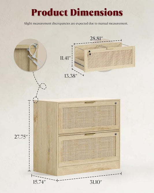 HOPUBUY 2 Drawer File Cabinet with Lock Set of 2, Printer Stand Lateral Filing Cabinets for Home Office and School, Wood Rattan File Cabinet for Hanging Files/Letter/Legal/A4/F4 Size, Natural Wood