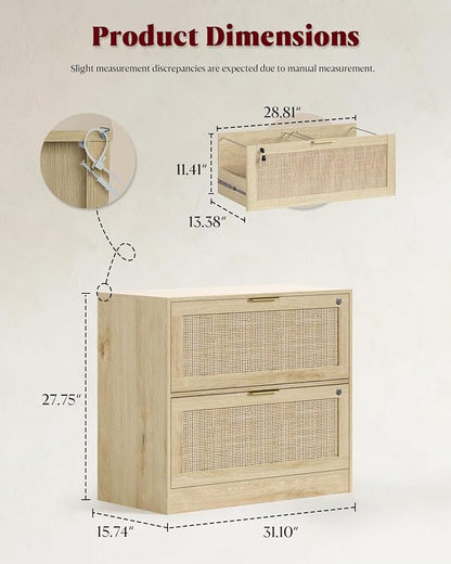 HOPUBUY 2 Drawer File Cabinet with Lock, Wood Rattan Lateral Filing Cabinet for Home Office, Printer Stand for Letter/Legal/A4/F4 Size, Adjustable Hanging Bars, Natural Wood
