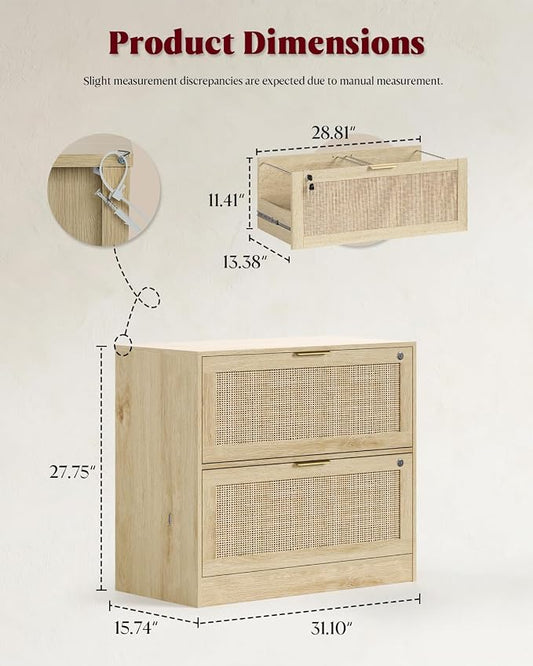 HOPUBUY 2 Drawer File Cabinet with Lock, Printer Stand Lateral Filing Cabinets for Home Office and School, Wood Rattan File Cabinet for Hanging Files/Letter/Legal/A4/F4 Size, Natural Wood