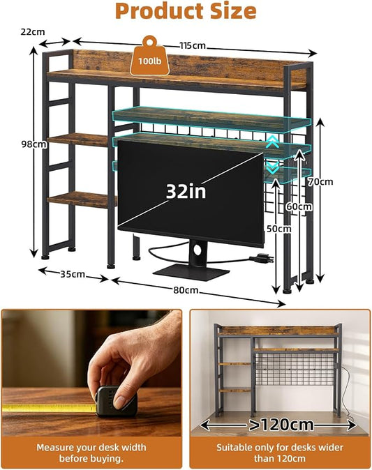 Desktop Hutch Bookshelf with Power Outlet, 3-Tier Desk Organizer Rack | 45.3" Width | Adjustable Shelves | Bookcase with Grid Panel | Sturdy Metal Frame | for Dorm Office | Easy Assembly