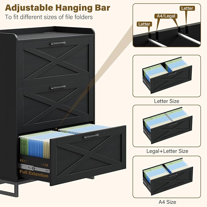 Halitaa File Cabinet 3 Drawers Lateral File Cabinet with Charging Station for Letter/Legal/A4 Size Hanging Files, Large Wood File Storage Cabinets Printer Stand for Home Office, Black