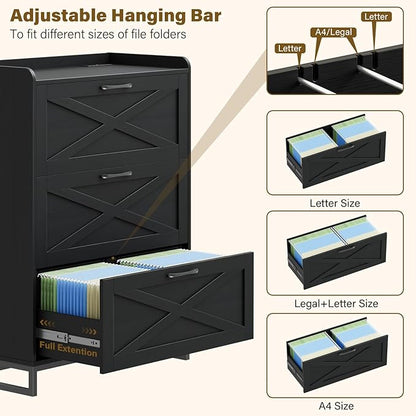 Halitaa File Cabinet 3 Drawers Lateral File Cabinet with Charging Station for Letter/Legal/A4 Size Hanging Files, Large Wood File Storage Cabinets Printer Stand for Home Office, Black