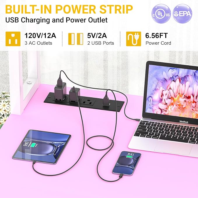 Aheaplus L Shaped Desk with Power Outlet, L Shaped Gaming Desk with Led Light & Hutch, Reversible Home Office Desk, Corner Computer Desk with Monitor Stand & Storage Shelves, Pink
