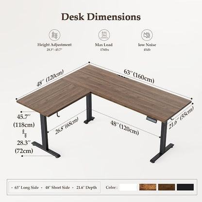 Klicelor L Shaped Standing Desk 63 x 48 Inch, Electric Height Adjustable Corner Desk for Home Office Workstation, Ergonomic Sit Stand Computer Table with Memory Controller, Dark Walnut
